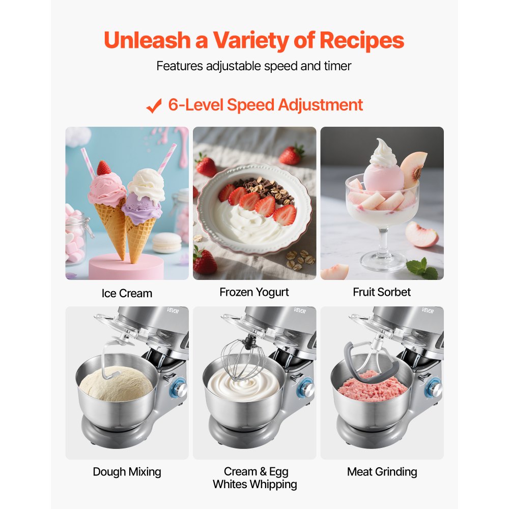 VEVOR Ice Cream Maker, 1.8 Qt. Capacity, 6-Speed Electric Stand Mixer, with LED Digital Display & Timer, Mixing Paddle, Dough Hook, Splash Guard, for Homemade Frozen Yogurt Fruit Sorbet Gelato, Grey