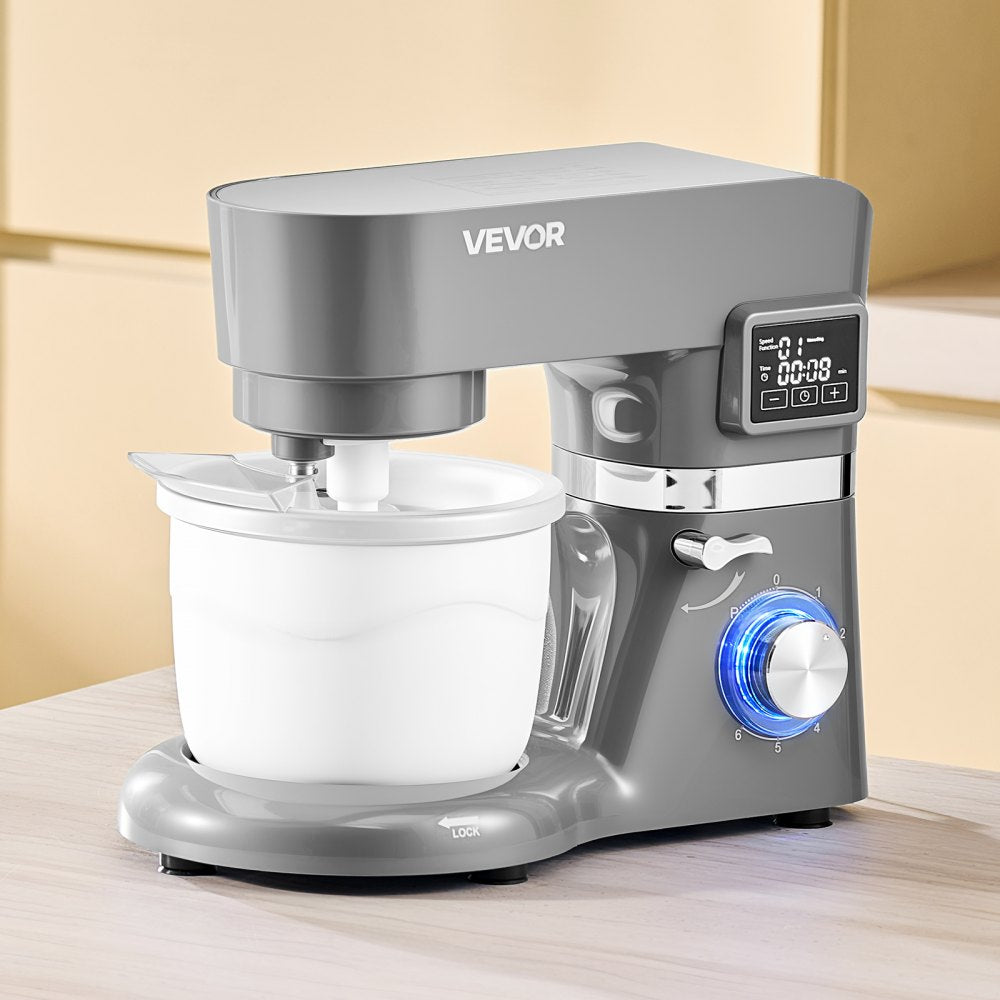 VEVOR Ice Cream Maker, 1.8 Qt. Capacity, 6-Speed Electric Stand Mixer, with LED Digital Display & Timer, Mixing Paddle, Dough Hook, Splash Guard, for Homemade Frozen Yogurt Fruit Sorbet Gelato, Grey