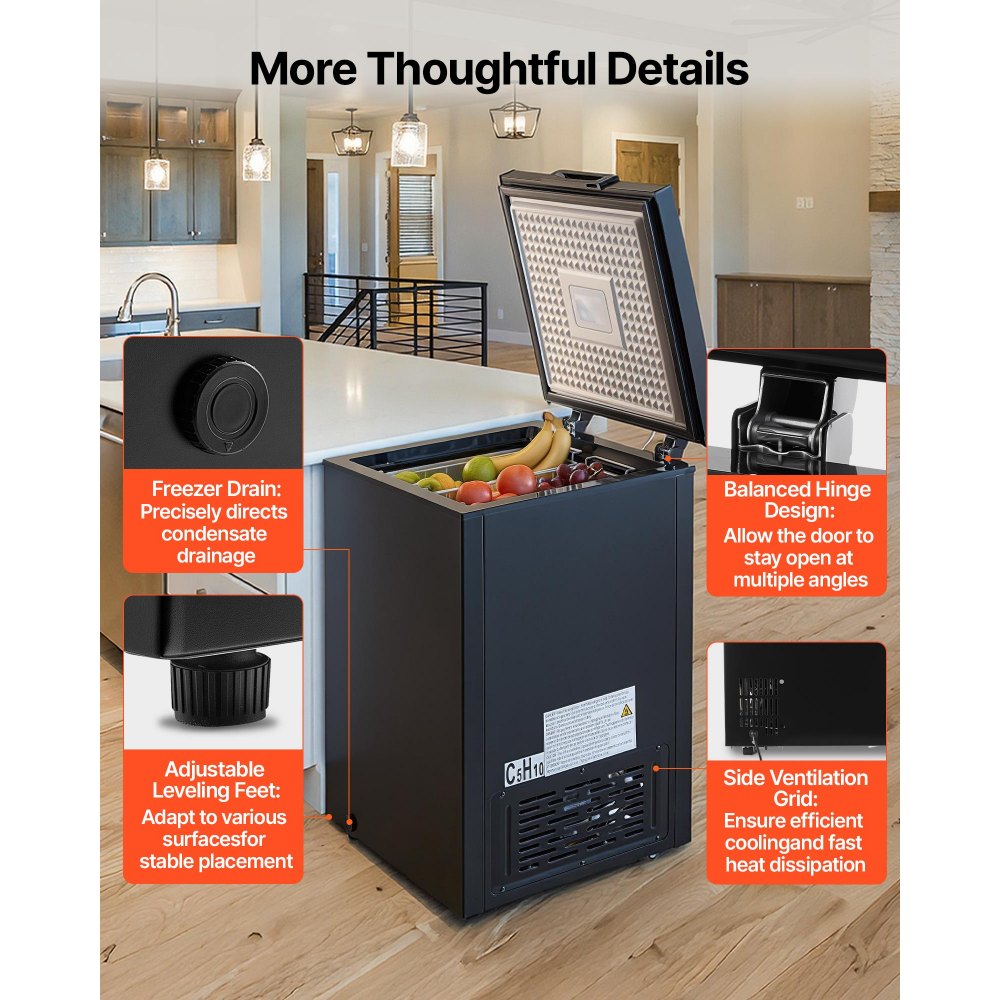 VEVOR Chest Freezer, 3.3 Cu.ft Compact Deep Freezer, Free Standing Top Open Door Chest Freezers with 2 Removable Baskets & Adjustable Thermostat - Energy Saving, Low Noise & Garage Ready, Black