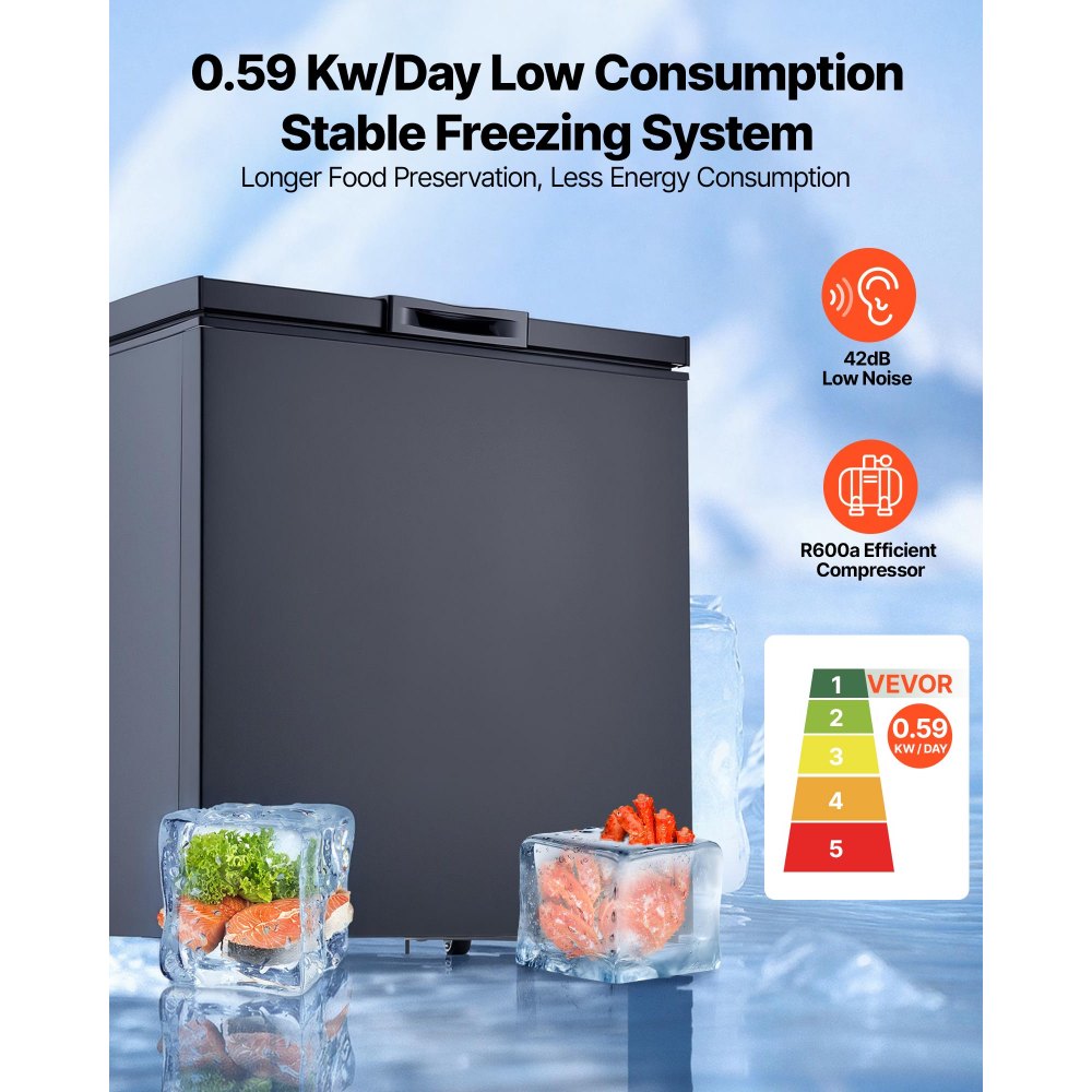 VEVOR Chest Freezer, 5 Cu.ft Compact Deep Freezer, Free Standing Top Open Door Chest Freezers with 2 Removable Baskets & Adjustable Thermostat - Energy Saving, Low Noise & Garage Ready, Black