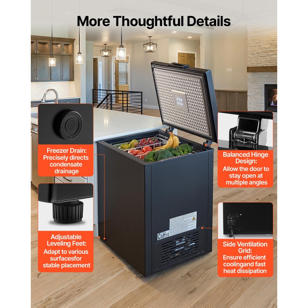 VEVOR Chest Freezer, 5 Cu.ft Compact Deep Freezer, Free Standing Top Open Door Chest Freezers with 2 Removable Baskets & Adjustable Thermostat - Energy Saving, Low Noise & Garage Ready, Black