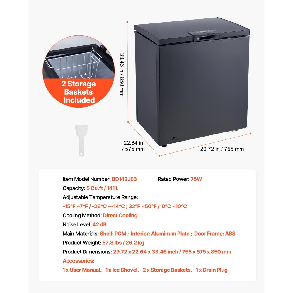 VEVOR Chest Freezer, 5 Cu.ft Compact Deep Freezer, Free Standing Top Open Door Chest Freezers with 2 Removable Baskets & Adjustable Thermostat - Energy Saving, Low Noise & Garage Ready, Black