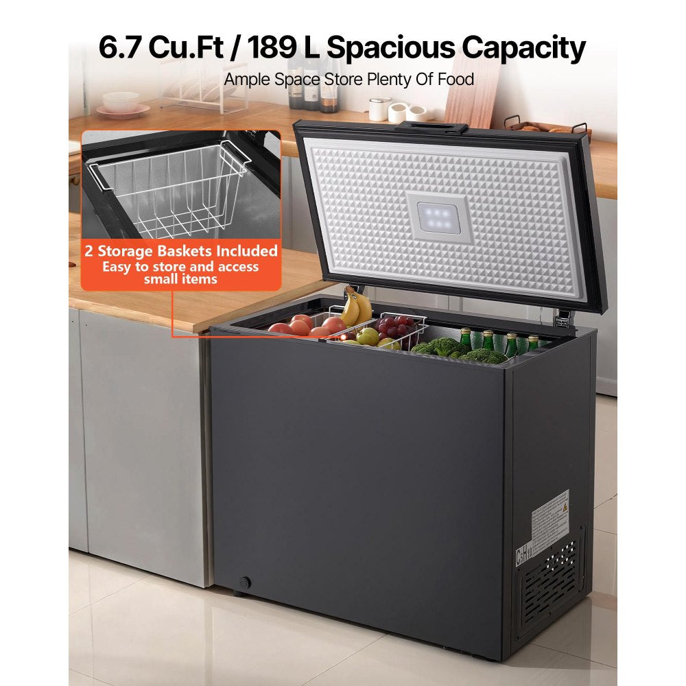 VEVOR Chest Freezer, 6.7 Cu.ft Compact Deep Freezer, Free Standing Top Open Door Chest Freezers with 2 Removable Baskets & Adjustable Thermostat - Energy Saving, Low Noise & Garage Ready, Black
