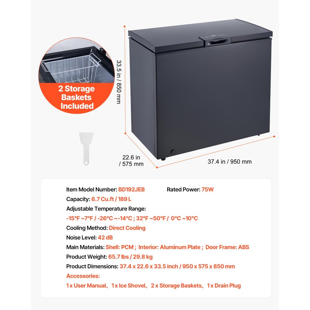 VEVOR Chest Freezer, 6.7 Cu.ft Compact Deep Freezer, Free Standing Top Open Door Chest Freezers with 2 Removable Baskets & Adjustable Thermostat - Energy Saving, Low Noise & Garage Ready, Black