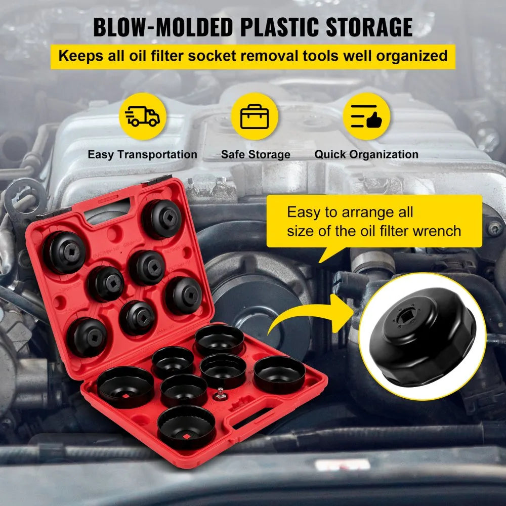 VEVOR Oil Filter Socket Set, 14 Pcs Oil Filter Wrench Set, Sturdy Steel Oil Filter Socket, 3/8\" Oil Filter Socket, Low Profile Oil Filter Socket Set For Easy Access, Oil Filter Wrench Cap Set with Ca