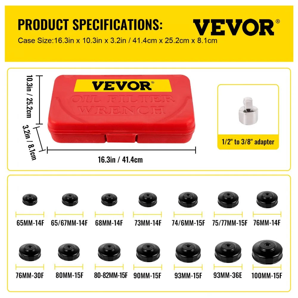VEVOR Oil Filter Socket Set, 14 Pcs Oil Filter Wrench Set, Sturdy Steel Oil Filter Socket, 3/8\" Oil Filter Socket, Low Profile Oil Filter Socket Set For Easy Access, Oil Filter Wrench Cap Set with Ca