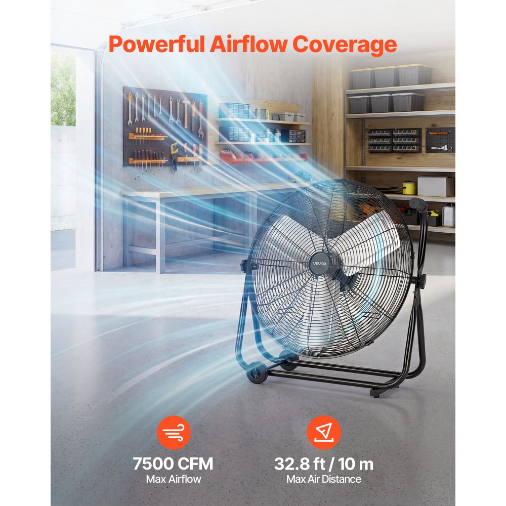 VEVOR Industrial Shop Fan, 24 Inch Floor Drum Fan, High Velocity 7500 CFM, Heavy Duty Aluminum Blades, 3 Speeds, 360 Degree Tilt, Ideal for Commercial, Garage, Warehouse, Basement, Workshop, Black