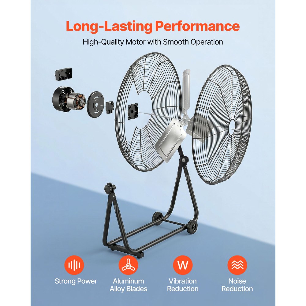 VEVOR Industrial Shop Fan, 24 Inch Floor Drum Fan, High Velocity 7500 CFM, Heavy Duty Aluminum Blades, 3 Speeds, 360 Degree Tilt, Ideal for Commercial, Garage, Warehouse, Basement, Workshop, Black