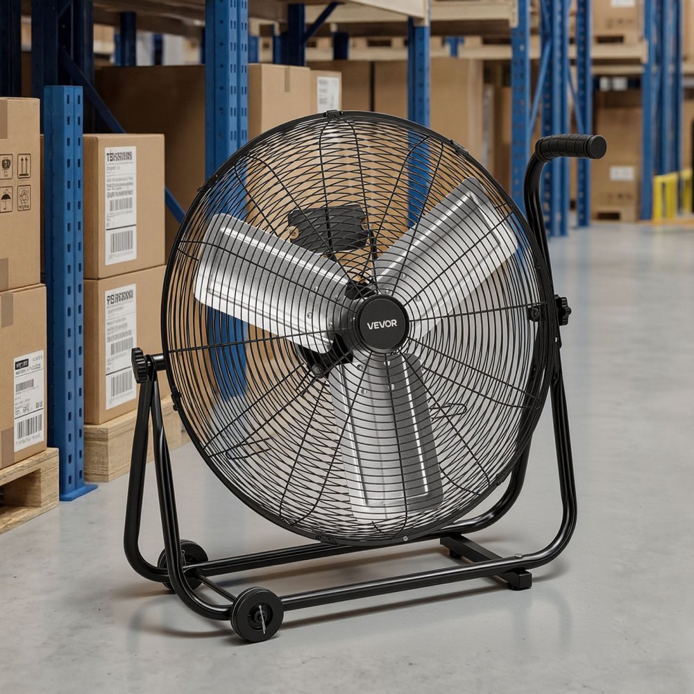VEVOR Industrial Shop Fan, 24 Inch Floor Drum Fan, High Velocity 7500 CFM, Heavy Duty Aluminum Blades, 3 Speeds, 360 Degree Tilt, Ideal for Commercial, Garage, Warehouse, Basement, Workshop, Black