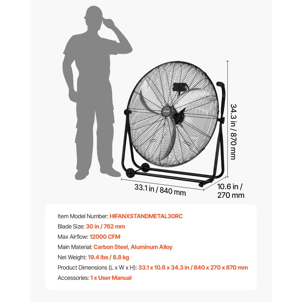 VEVOR Industrial Shop Fan, 30 Inch Floor Drum Fan, High Velocity 12000 CFM, Heavy Duty Aluminum Blades, 3 Speeds, 360 Degree Tilt, Ideal for Commercial, Garage, Warehouse, Basement, Workshop, Black