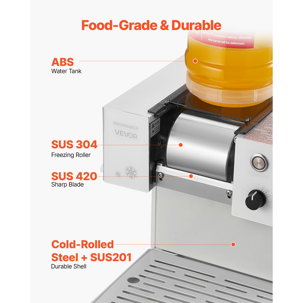 VEVOR Snowflake Ice Machine, 88LBS/24H Snowflake Ice Maker, Ice-Shaver Machine with Stainless Steel Blade, Electric Snow Cone Maker with 0.48 Gal Tank, 90S Fast Pre-Cooling, for Home & Small Gathering