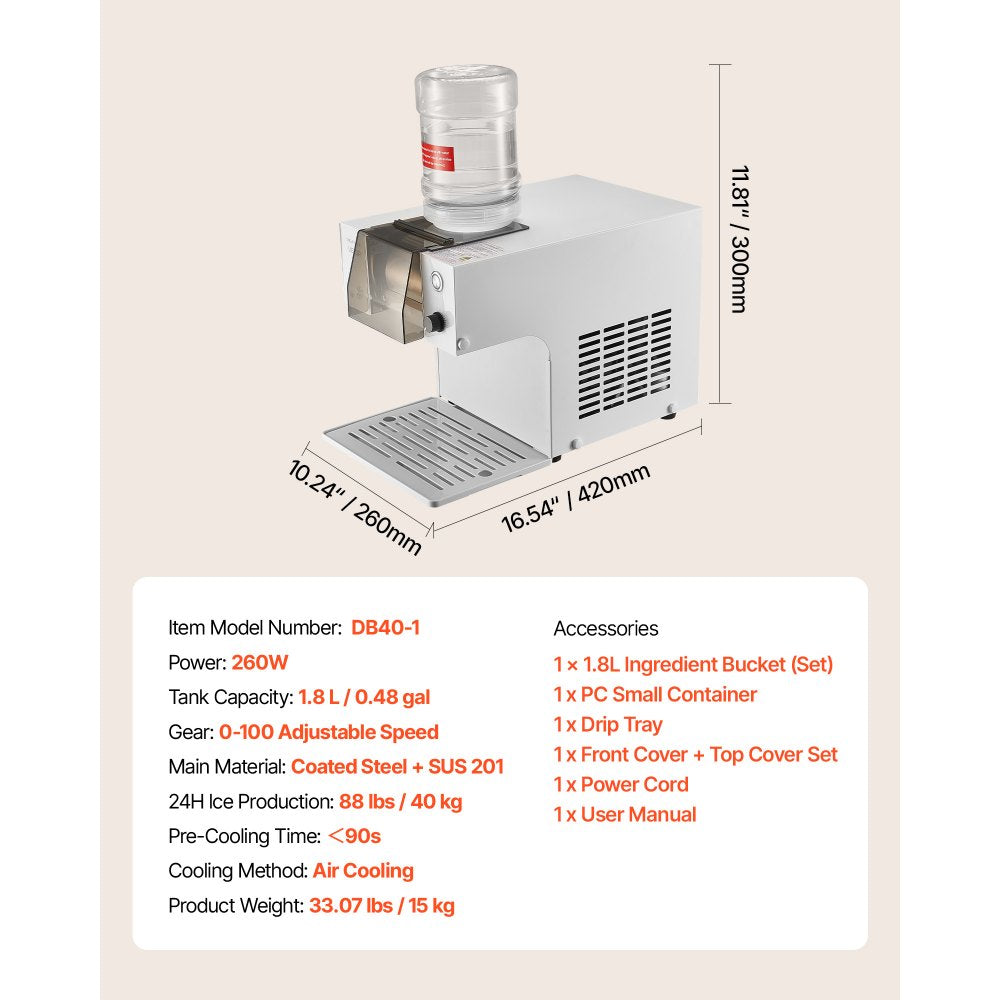 VEVOR Snowflake Ice Machine, 88LBS/24H Snowflake Ice Maker, Ice-Shaver Machine with Stainless Steel Blade, Electric Snow Cone Maker with 0.48 Gal Tank, 90S Fast Pre-Cooling, for Home & Small Gathering