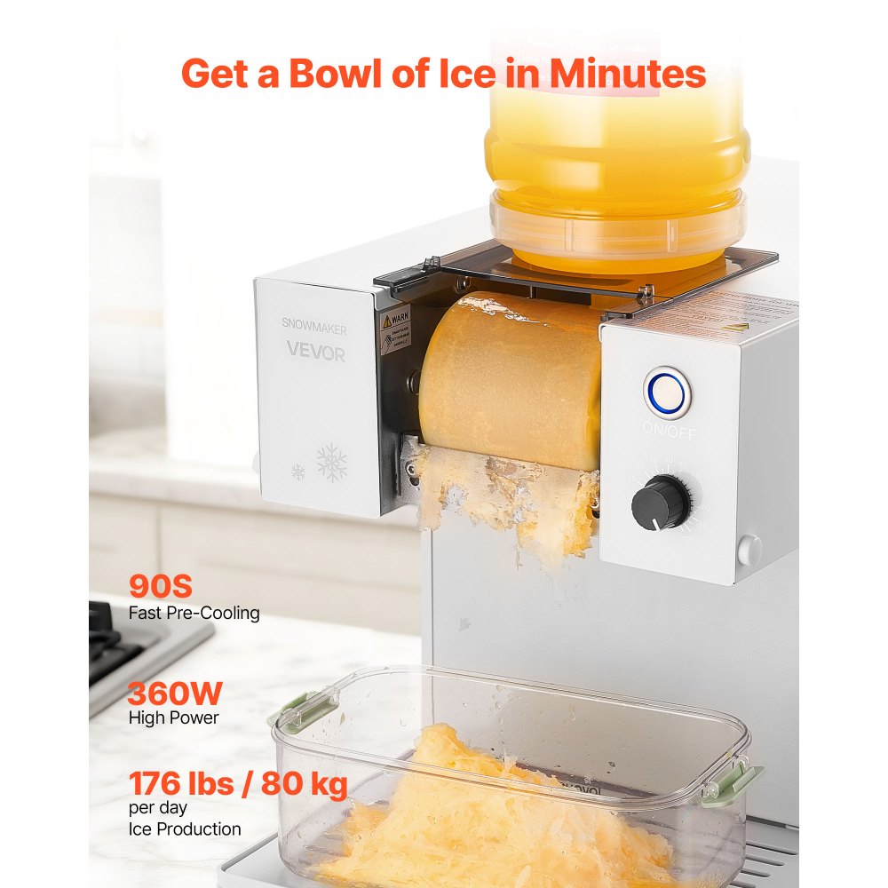 VEVOR Snowflake Ice Machine, 176LBS/24H Snowflake Ice Maker, Ice-Shaver Machine with Stainless Steel Blade, Electric Snow Cone Maker with 0.48Gal Tank, 90S Fast Pre-Cooling, for Home & Small Gathering