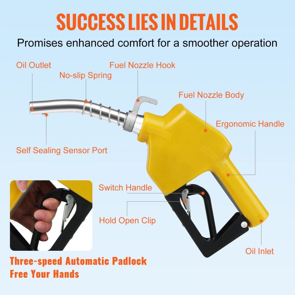 VEVOR Automatic Fuel Nozzle, 3/4" NPT Inlet Thread & 13/16" Spout, 11 GPM Max Flow Rate, Auto Shut Off, Aluminum & PVC Gas Pump Handle with 360° Swivel for Gasoline Diesel Kerosene Biodiesel Refilling