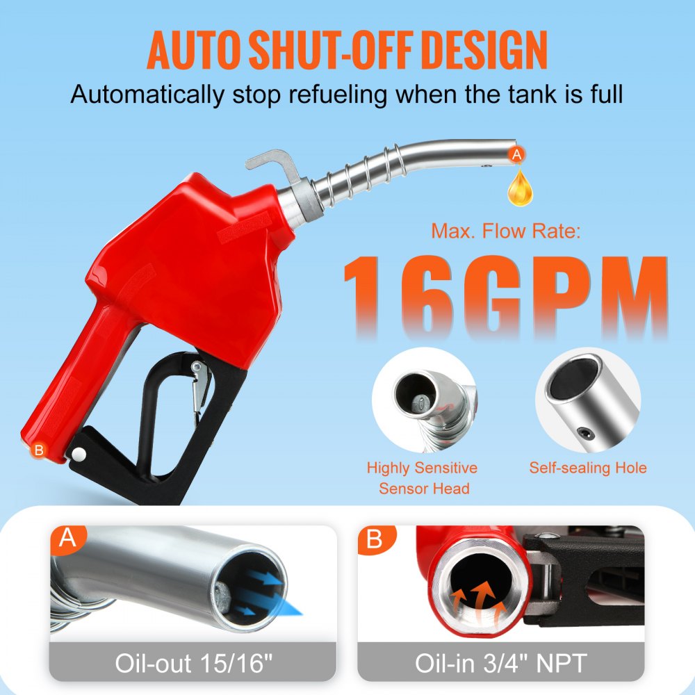 VEVOR Automatic Fuel Nozzle, 3/4" NPT Inlet Thread & 15/16" Spout, 16 GPM Max Flow Rate, Auto Shut Off, Aluminum & PVC Gas Pump Handle with 360° Swivel for Gasoline Diesel Kerosene Biodiesel Refilling