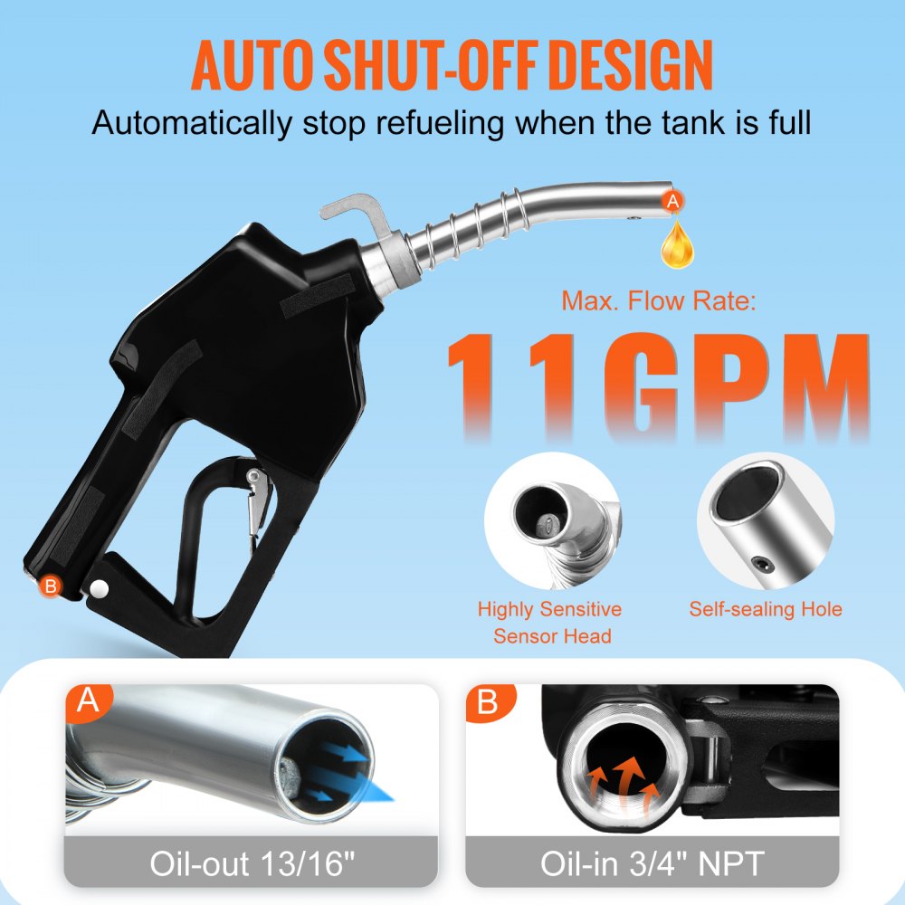 VEVOR Automatic Fuel Nozzle, 3/4" NPT Inlet Thread & 13/16" Spout, 11 GPM Max Flow Rate, Auto Shut Off, Aluminum & PVC Gas Pump Handle with 360° Swivel for Gasoline Diesel Kerosene Biodiesel Refilling