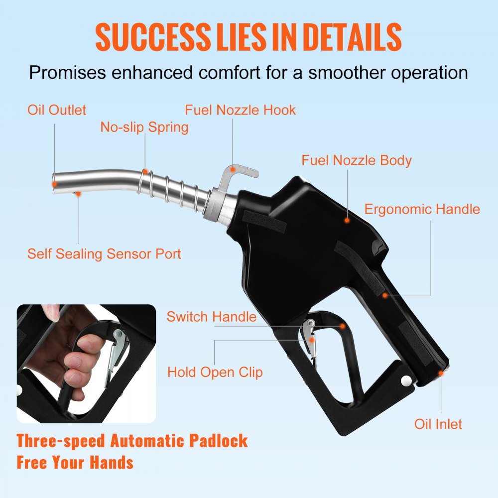 VEVOR Automatic Fuel Nozzle, 3/4" NPT Inlet Thread & 13/16" Spout, 11 GPM Max Flow Rate, Auto Shut Off, Aluminum & PVC Gas Pump Handle with 360° Swivel for Gasoline Diesel Kerosene Biodiesel Refilling