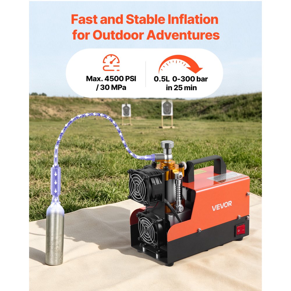 VEVOR PCP Air Compressor 4500PSI PCP Airgun Compressor & External Converter, Manual Stop 250W DC12V/AC120V Portable Paintball Tank Compressors for Air Rifle, Scuba Diving Bottle