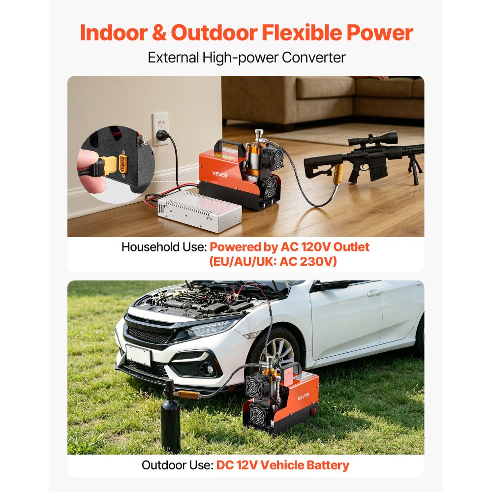 VEVOR PCP Air Compressor 4500PSI PCP Airgun Compressor & External Converter, Manual Stop 250W DC12V/AC120V Portable Paintball Tank Compressors for Air Rifle, Scuba Diving Bottle