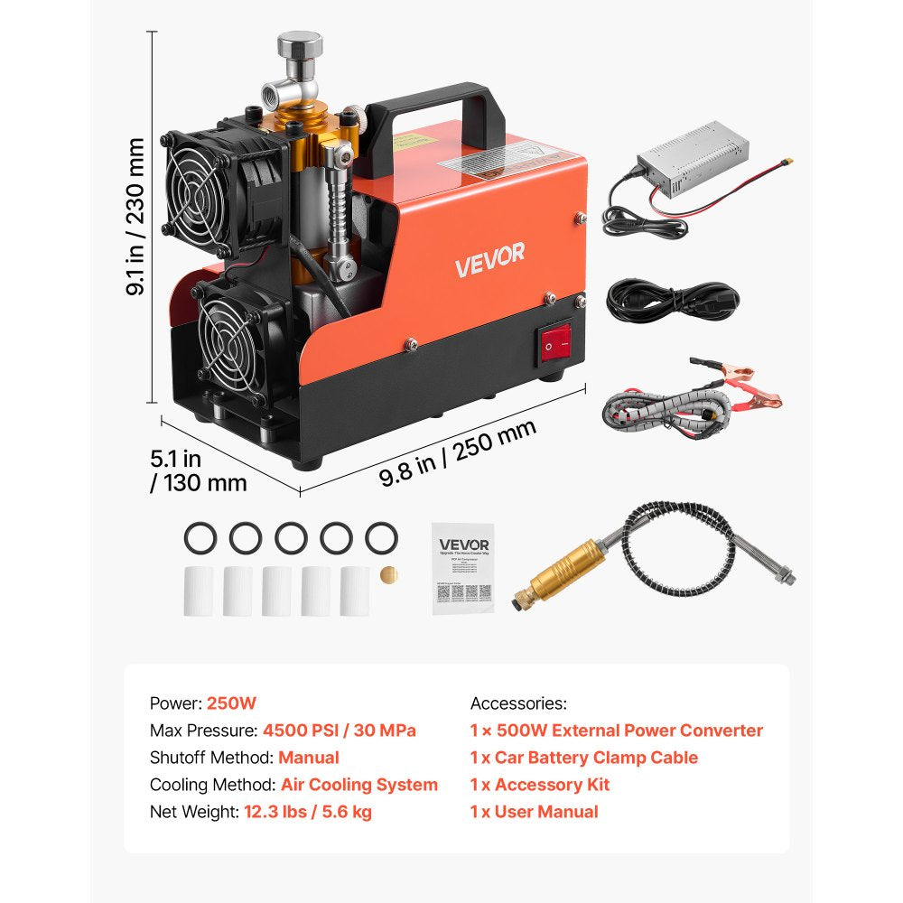 VEVOR PCP Air Compressor 4500PSI PCP Airgun Compressor & External Converter, Manual Stop 250W DC12V/AC120V Portable Paintball Tank Compressors for Air Rifle, Scuba Diving Bottle