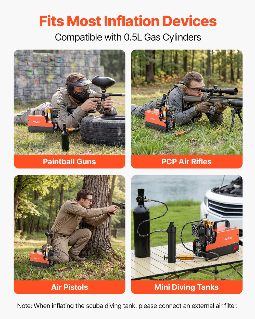 VEVOR PCP Air Compressor 4500PSI PCP Airgun Compressor & External Converter, Manual Stop 250W DC12V/AC120V Portable Paintball Tank Compressors for Air Rifle, Scuba Diving Bottle