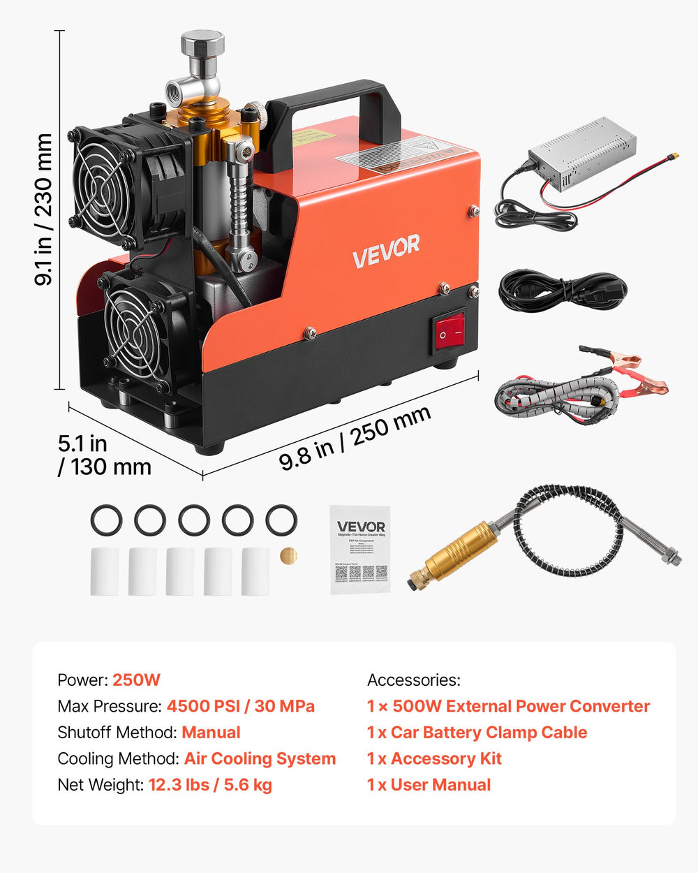 VEVOR PCP Air Compressor 4500PSI PCP Airgun Compressor & External Converter, Manual Stop 250W DC12V/AC120V Portable Paintball Tank Compressors for Air Rifle, Scuba Diving Bottle