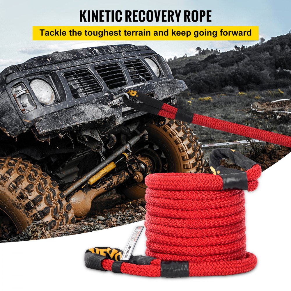 VEVOR 1\" x 31.5\' Recovery Tow Rope, 33,500 lbs, Heavy Duty Nylon Double Braided Kinetic Energy Rope with Loops and Protective Sleeves, for Truck Off-Road Vehicle ATV UTV, Carry Bag Included, Red