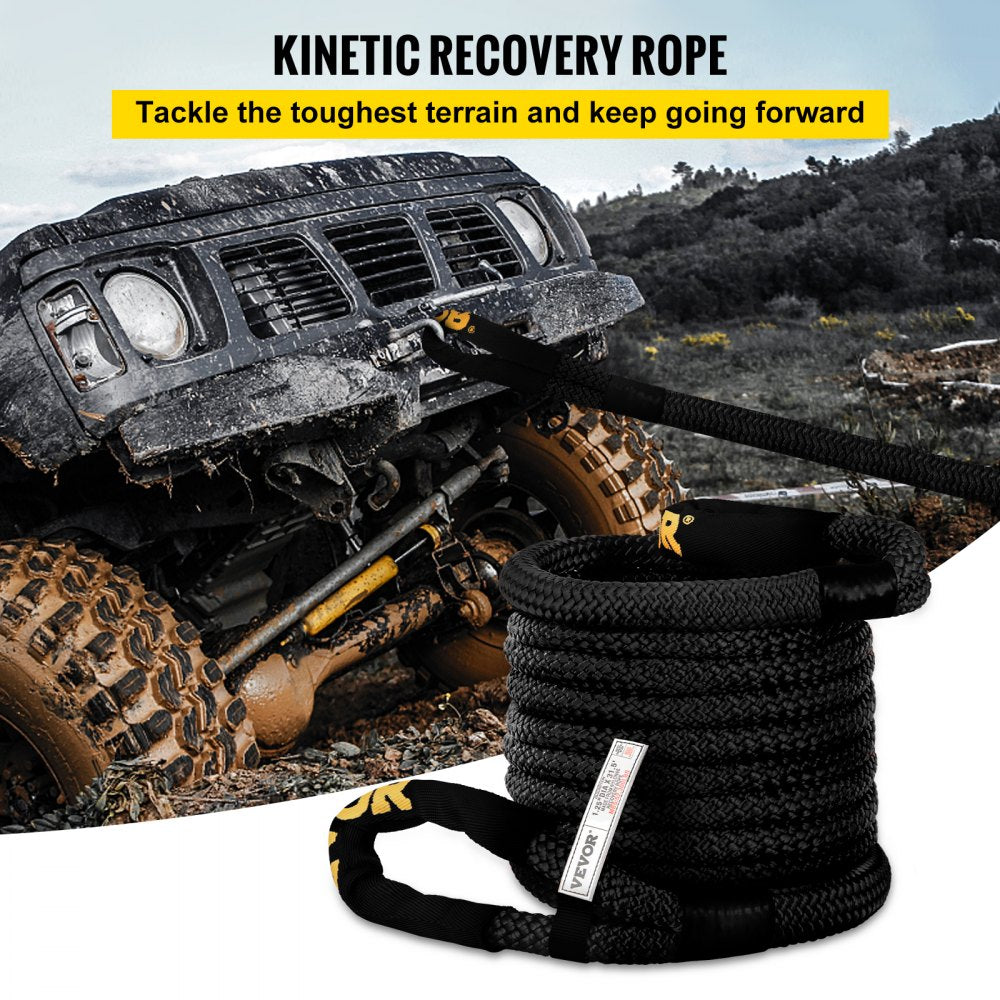 VEVOR 1-1/4\" x 31.5\' Kinetic Recovery & Tow Rope, 52,300 lbs, Heavy Duty Nylon Double Braided Kinetic Energy Rope, for Truck Off-Road Vehicle ATV UTV, Carry Bag Included, Black