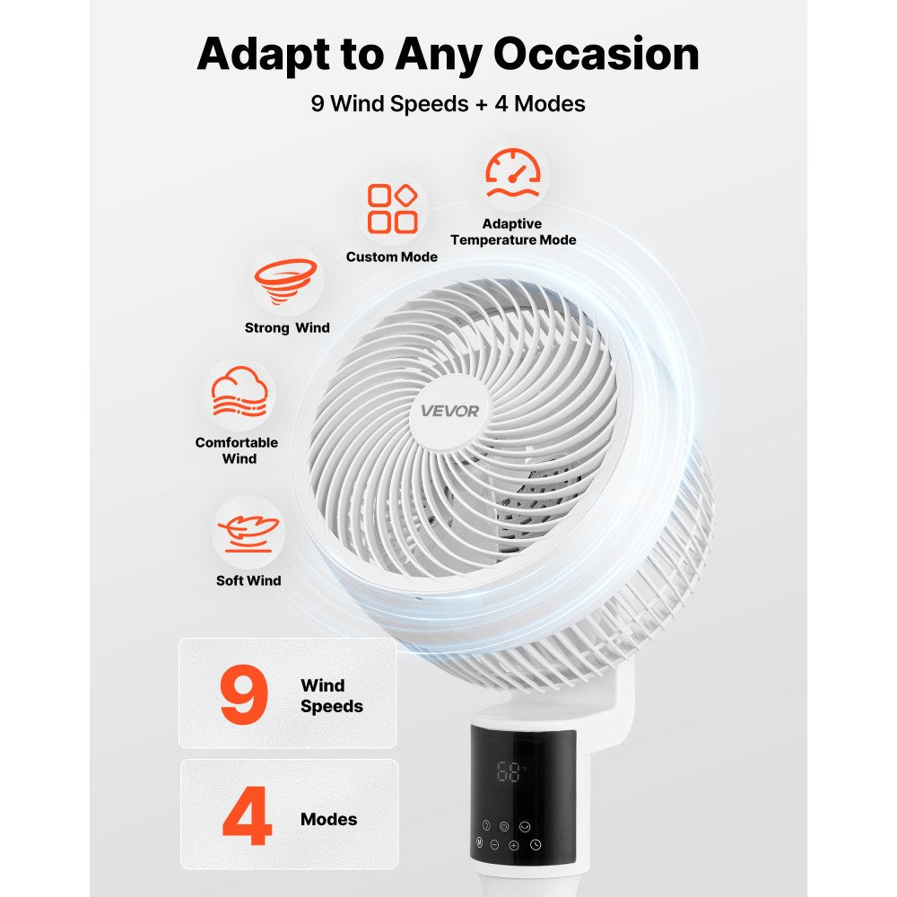 VEVOR 9-Inch Pedestal Fan, 80° Oscillating Standing Floor Fan with Quite DC Motor, Remote Control, 9 Speeds & 4 Smart Modes, 24H Timer, Adjustable Height, for Home, Bedroom, Living Room, White
