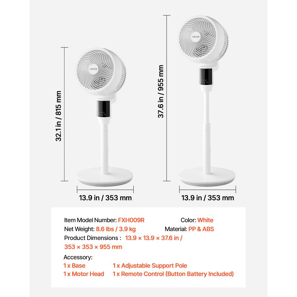 VEVOR 9-Inch Pedestal Fan, 80° Oscillating Standing Floor Fan with Quite DC Motor, Remote Control, 9 Speeds & 4 Smart Modes, 24H Timer, Adjustable Height, for Home, Bedroom, Living Room, White