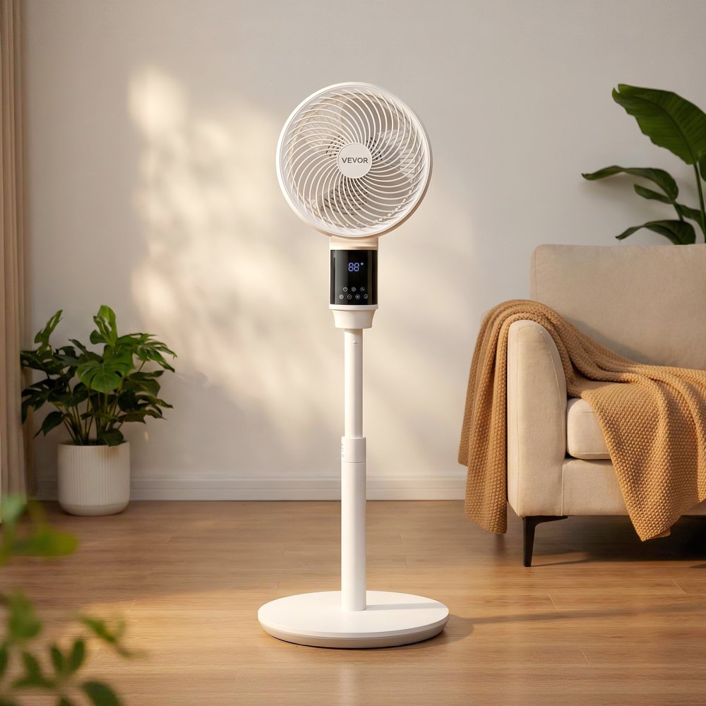 VEVOR 9-Inch Pedestal Fan, 80° Oscillating Standing Floor Fan with Quite DC Motor, Remote Control, 9 Speeds & 4 Smart Modes, 24H Timer, Adjustable Height, for Home, Bedroom, Living Room, White