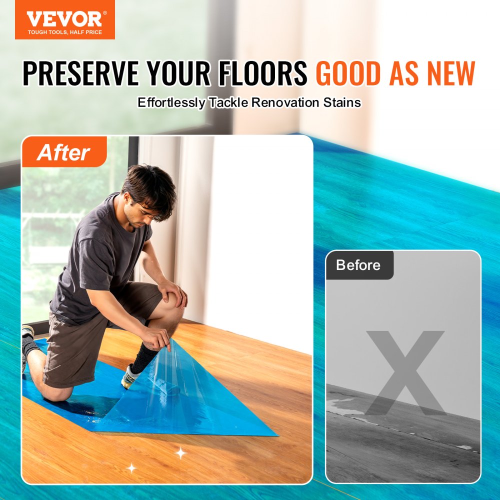 VEVOR Carpet Protection Film, 24" x 200' Floor and Surface Shield with Self Adhesive Backing & Easy Installation, Polyethylene Adhesive Car Mat Protector Roll for Construction Renovation, Blue