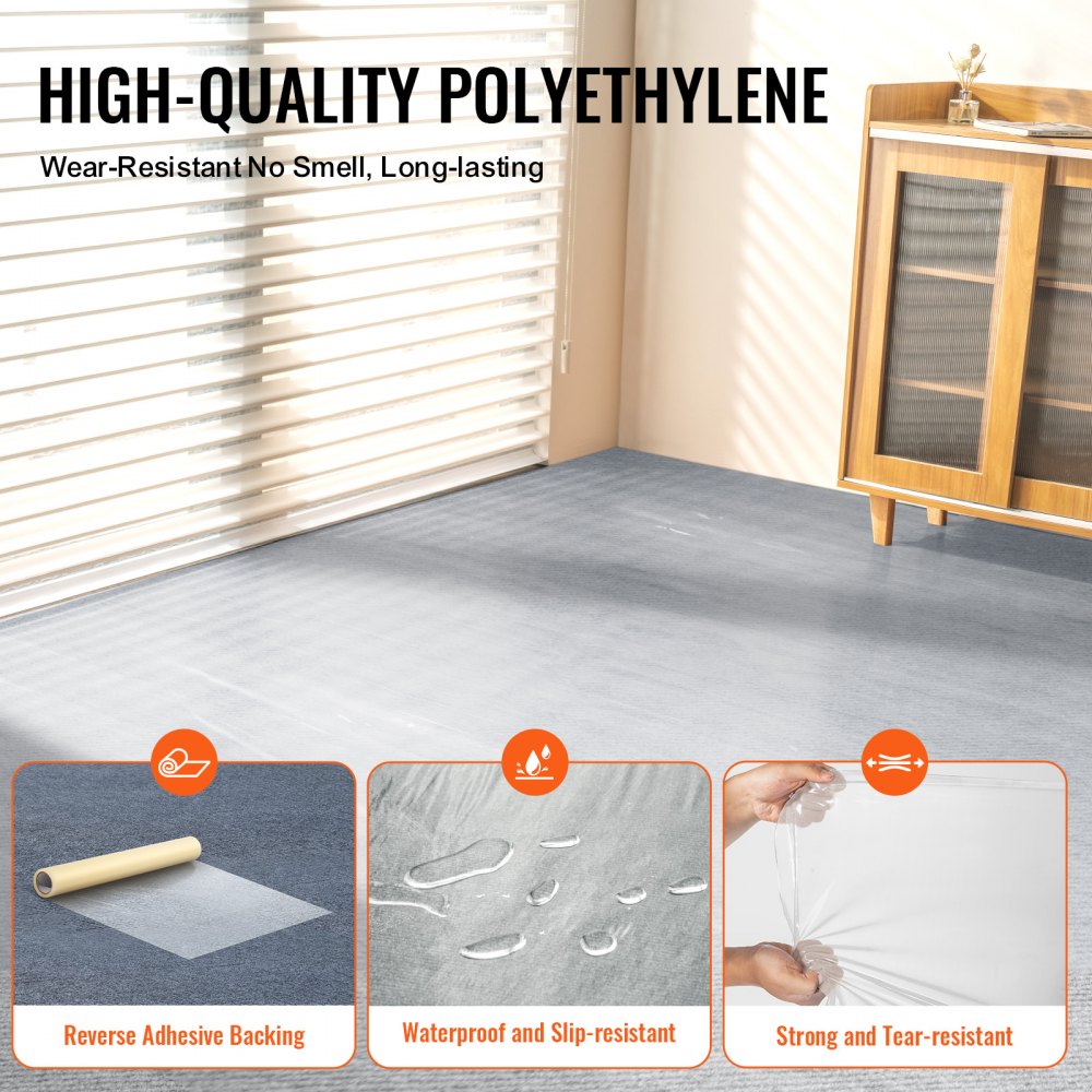 VEVOR Carpet Protection Film, 24" x 200' Floor and Surface Shield with Self Adhesive Backing & Easy Installation, Polyethylene Adhesive Car Mat Protector Roll for Construction & Renovation