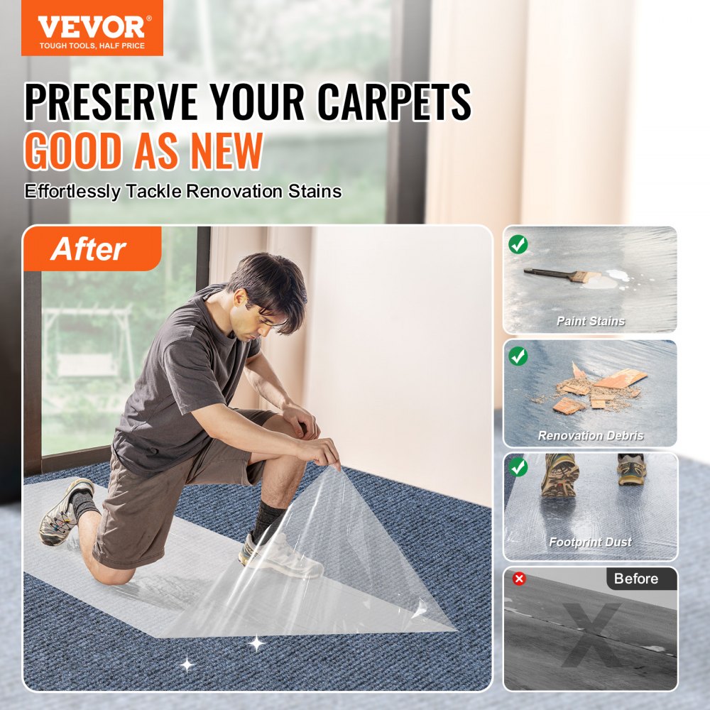 VEVOR Carpet Protection Film, 36" x 200' Floor and Surface Shield with Self Adhesive Backing & Easy Installation, Polyethylene Adhesive Car Mat Protector Roll for Construction & Renovation