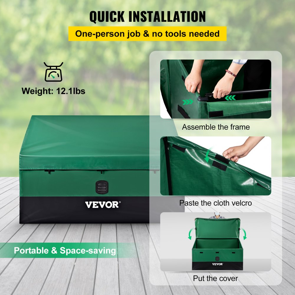 VEVOR Outdoor Storage Box, 100 Gallon Waterproof PE Tarpaulin Deck Box with Galvanized Frame, All-Weather Protection & Portable, for Camping, Garden, Poolside, and Yard, Brown & Blue