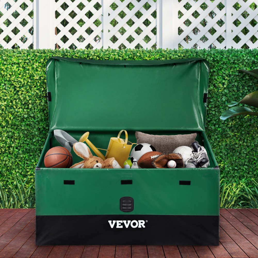 VEVOR Outdoor Storage Box, 100 Gallon Waterproof PE Tarpaulin Deck Box with Galvanized Frame, All-Weather Protection & Portable, for Camping, Garden, Poolside, and Yard, Brown & Blue