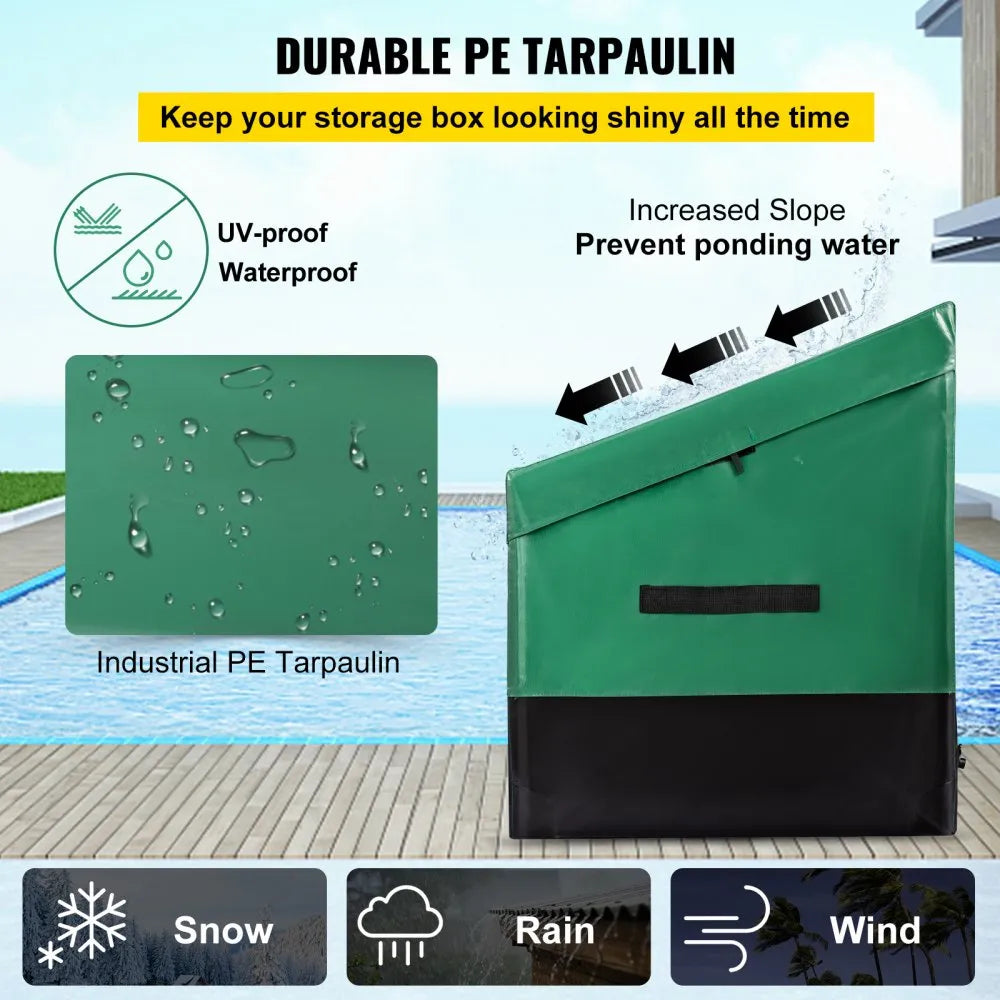 VEOVR Outdoor Storage Box, 150 Gallon Waterproof PE Tarpaulin Deck Box with Galvanized Frame, All-Weather Protection & Portable, for Camping, Garden, Poolside, and Yard, Brown & Blue