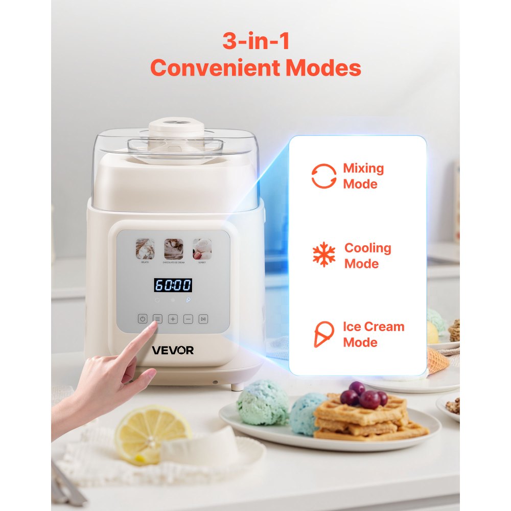 VEVOR Upright Automatic Ice Cream Maker with Built-in Compressor, 1 Quart No Pre-freezing Gelato Maker & Frozen Yogurt Machine, 4 Modes Electric Sorbet-Maker, Compressor Ice Cream Machine for Home