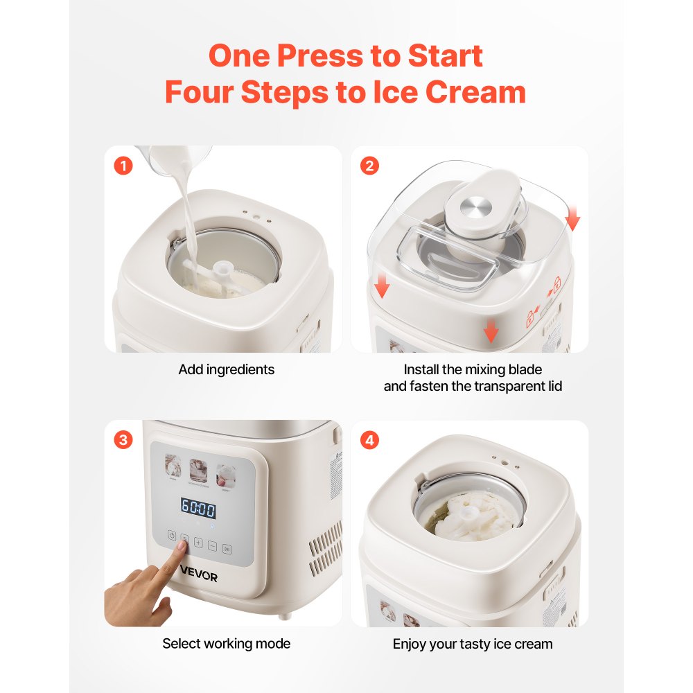 VEVOR Upright Automatic Ice Cream Maker with Built-in Compressor, 1 Quart No Pre-freezing Gelato Maker & Frozen Yogurt Machine, 4 Modes Electric Sorbet-Maker, Compressor Ice Cream Machine for Home
