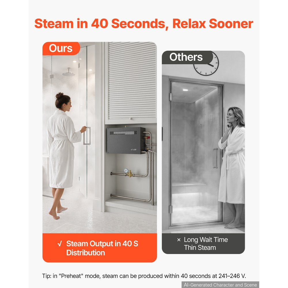 VEVOR Steam Generator, 6 kW Home Steam Shower System with Preheat Mode, For Small Bathrooms & Sauna Rooms, Direct Water Connection, Touch Control, Auto Fill & Drain, 77-131°F, 24H Timer, 141-212ft³