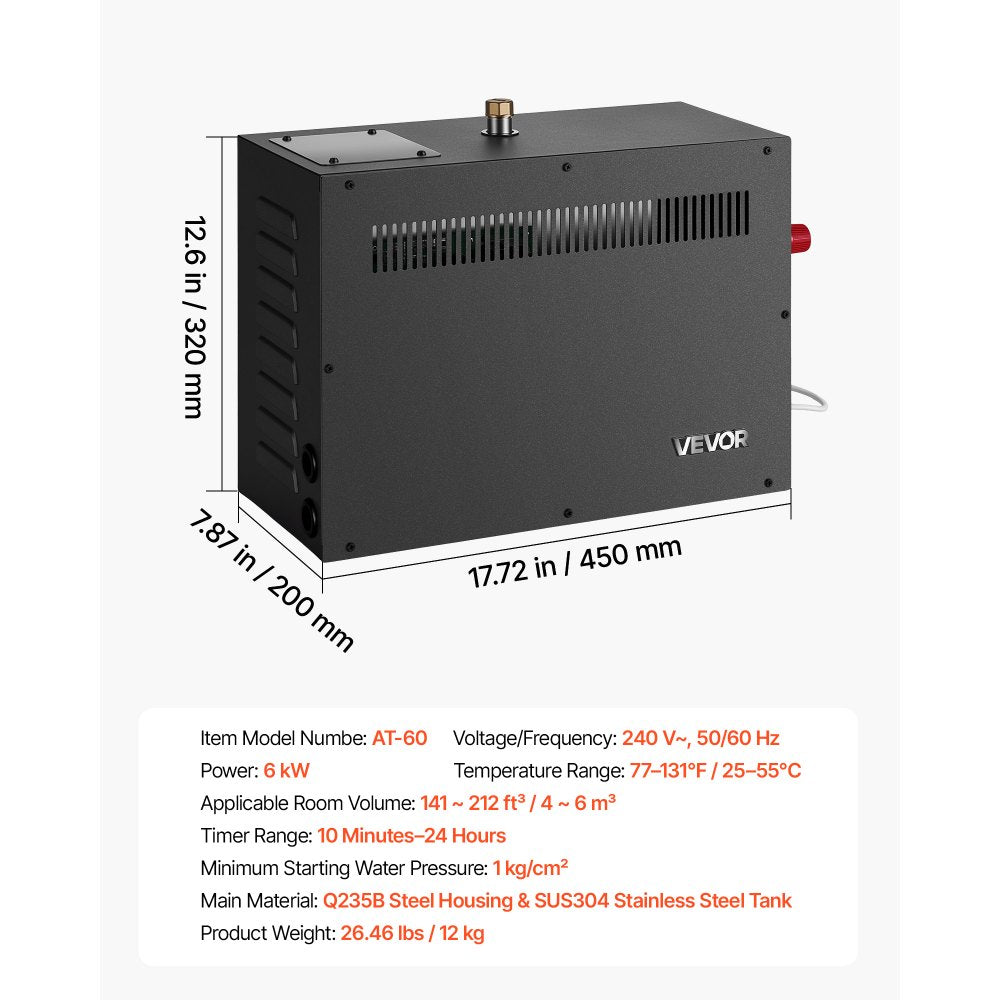 VEVOR Steam Generator, 6 kW Home Steam Shower System with Preheat Mode, For Small Bathrooms & Sauna Rooms, Direct Water Connection, Touch Control, Auto Fill & Drain, 77-131°F, 24H Timer, 141-212ft³