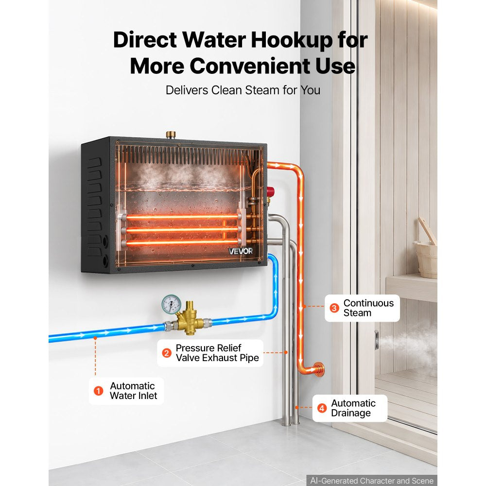 VEVOR Steam Generator, 9 kW Home Steam Shower System with Preheat Mode, For Bathrooms, Sauna Rooms, Spa, Direct Water Connection, Touch Control, Auto Fill & Drain, 77-131°F, 24H Timer, 212-318 ft³