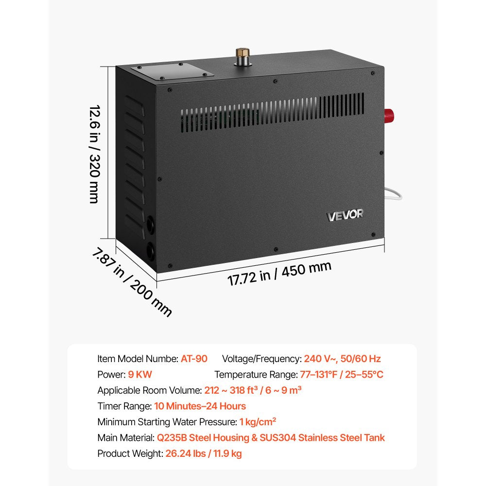 VEVOR Steam Generator, 9 kW Home Steam Shower System with Preheat Mode, For Bathrooms, Sauna Rooms, Spa, Direct Water Connection, Touch Control, Auto Fill & Drain, 77-131°F, 24H Timer, 212-318 ft³