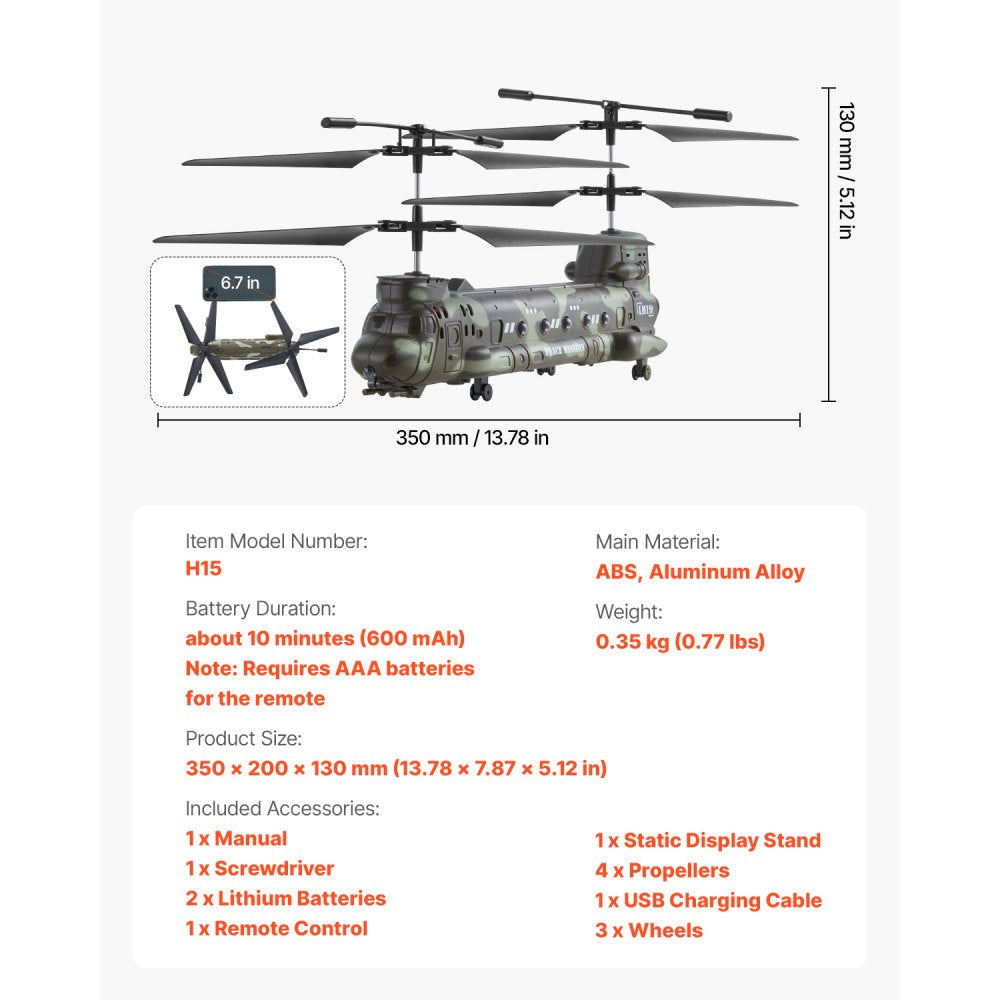 VEVOR RC Helicopter, 2.4GHz Military Remote Control Helicopter, 3.5 Channel RC Airplane for Kid, 20 Mins Flight Time, One-Key Takeoff/Landing & LED Lights, Flying Plane Toys for Kids Ages 8 and up