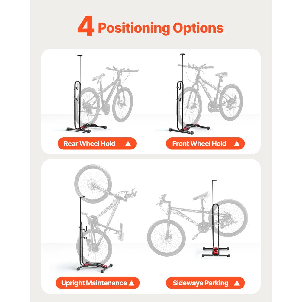 VEVOR Bike Rack, Upright Bike Stand Floor for 16 to 27.5 Inch Mountain & Road Bikes, Vertical & Horizontal Bicycle Stand for Secure Parking and Storage in Garage, Truck Bed, Indoor, Outdoor, Black