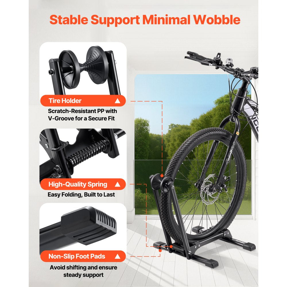 VEVOR Bike Rack, Fits 20 to 29 Inch Mountain & Road Bikes, Alloy Steel Rust-Resistant Bike Floor Stand Rack, Foldable Bicycle Stand for Entryway, Garage, Home Bikes Parking & Storage, 1 Pack, Black