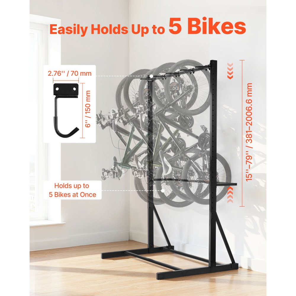 VEVOR Bike Rack, 300LBS/136KG Capacity for up to 5 Bikes, Freestanding Bike Storage Rack, Carbon Steel Vertical Bicycle Stand for Home, Yard, Garage, Living Room, Indoor/Outdoor Bicycle Storage Stand