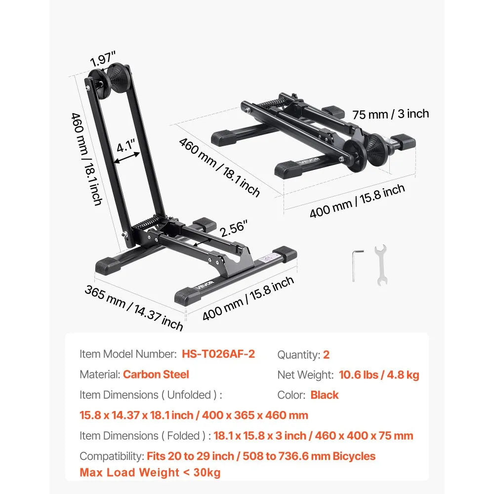 VEVOR Bike Racks 2 Pack, Fits 20 to 29 Inch Mountain & Road Bikes, Alloy Steel Rust-Resistant Bike Floor Stand Rack, Foldable Bicycle Stand for Entryway, Garage, Home Bikes Parking & Storage, Black