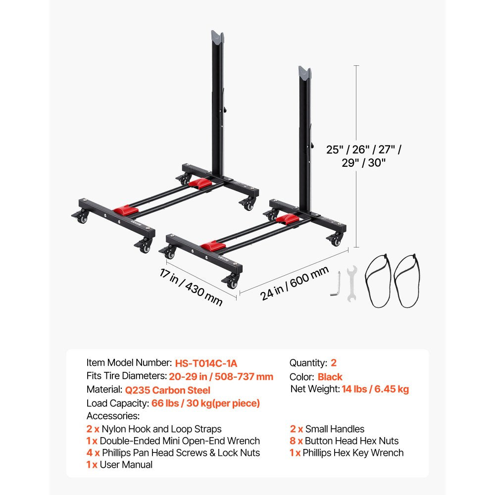 VEVOR Bike Stand 2 Pack, Freestanding Vertical & Horizontal Bike Storage Rack, with Lockable Casters, Height Adjustable Carbon Steel Upright Garage Bicycle Floor Stand, for 20-29 in Wheels, Black