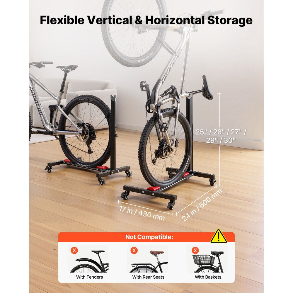 VEVOR Bike Stand, Freestanding Vertical & Horizontal Bike Storage Rack, with Lockable Casters, Height Adjustable Carbon Steel Upright Garage Bicycle Floor Stand, for 20-29 in Wheel Diameters, Black